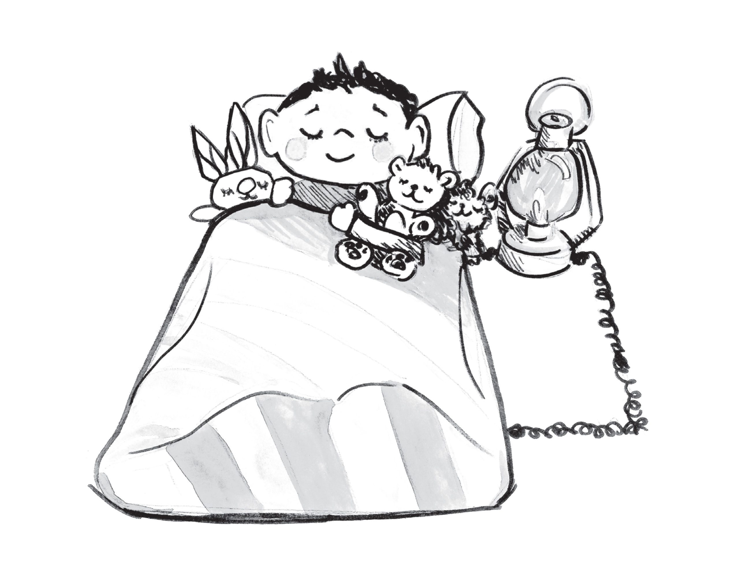 Child Sleeping in a sleeping bag with stuffed animals