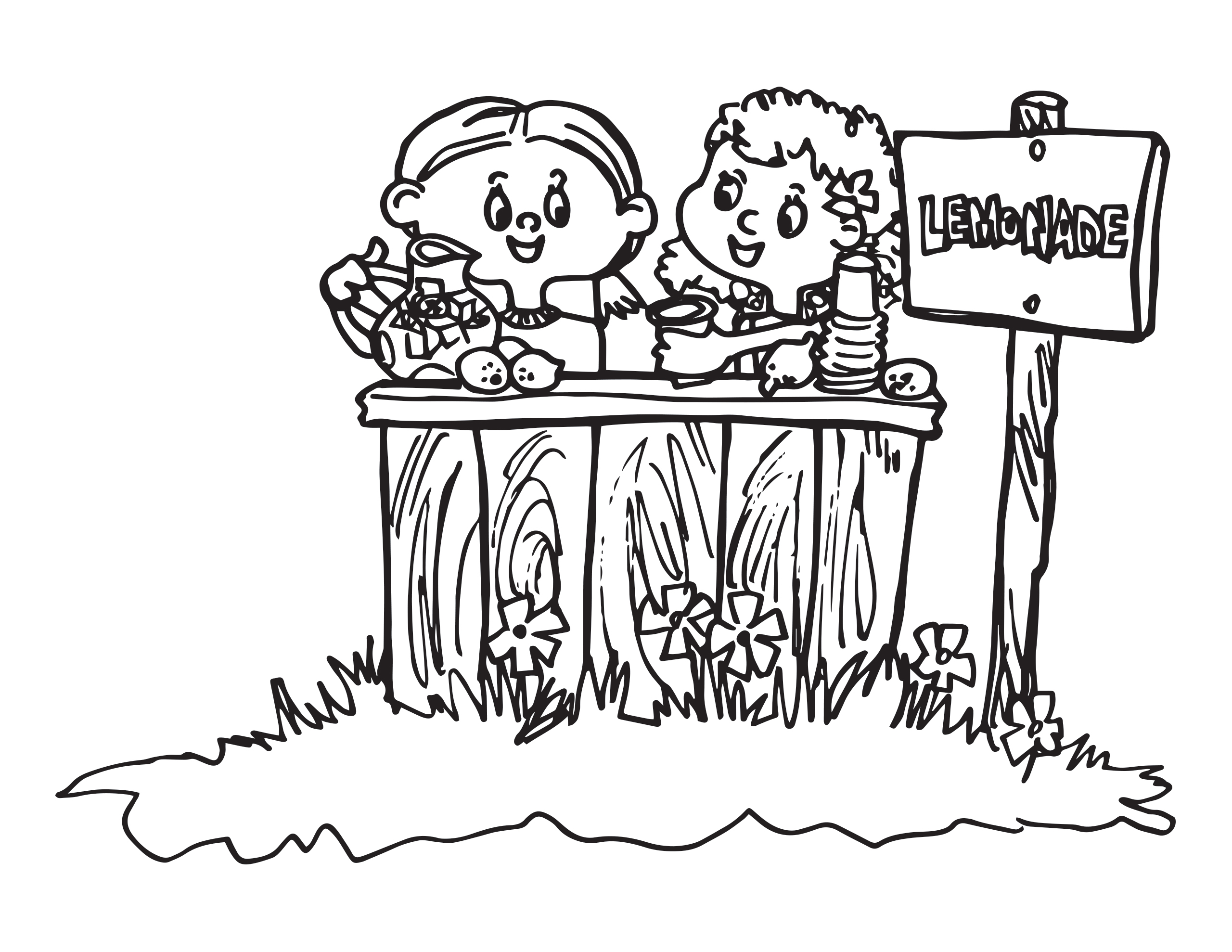 Coloring page of two girls selling lemonade