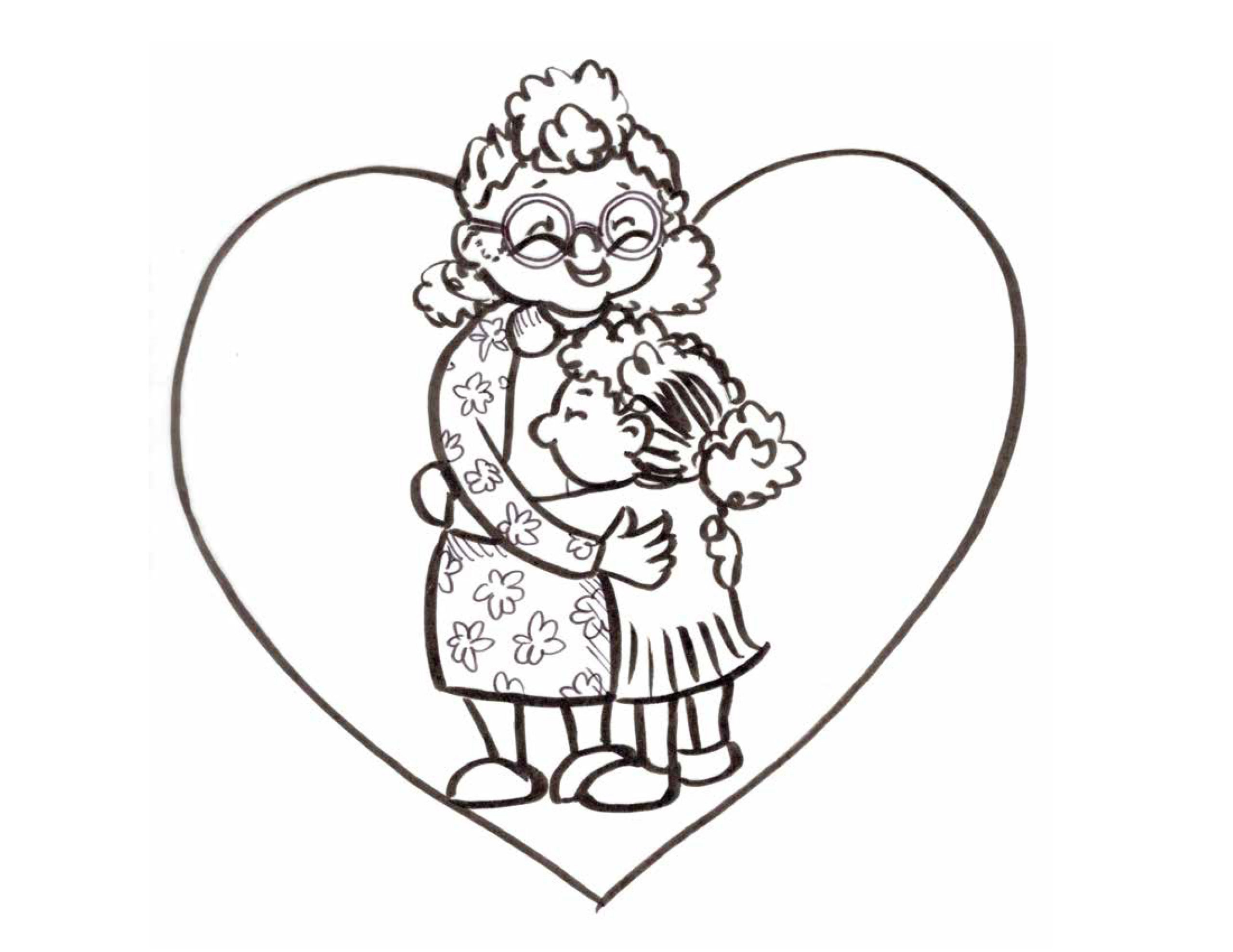 Girl hugging her grandmother in front of a heart background