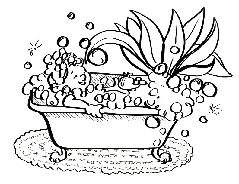 Coloring page of a little girl taking a bath
