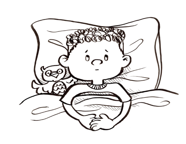 Coloring page of a little boy in bed