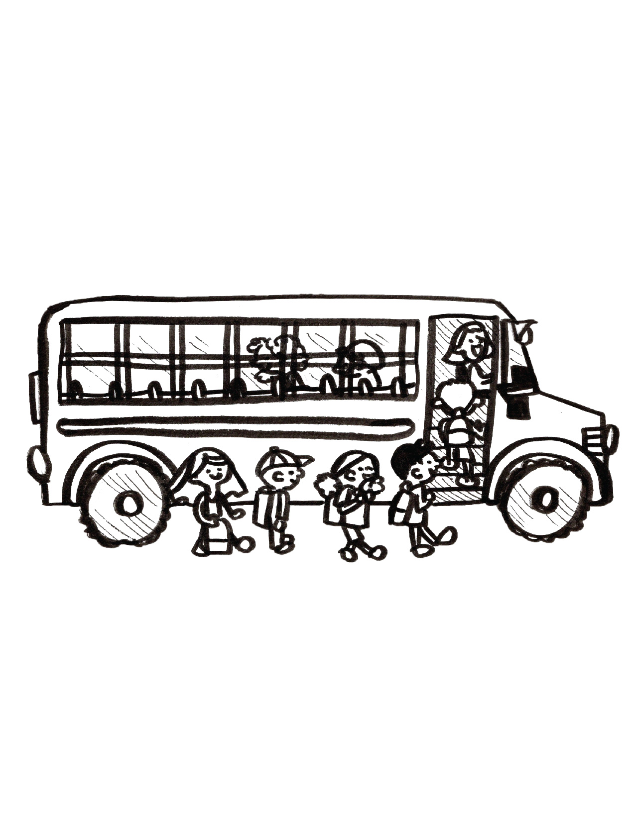 Kids getting on a school bus coloring page