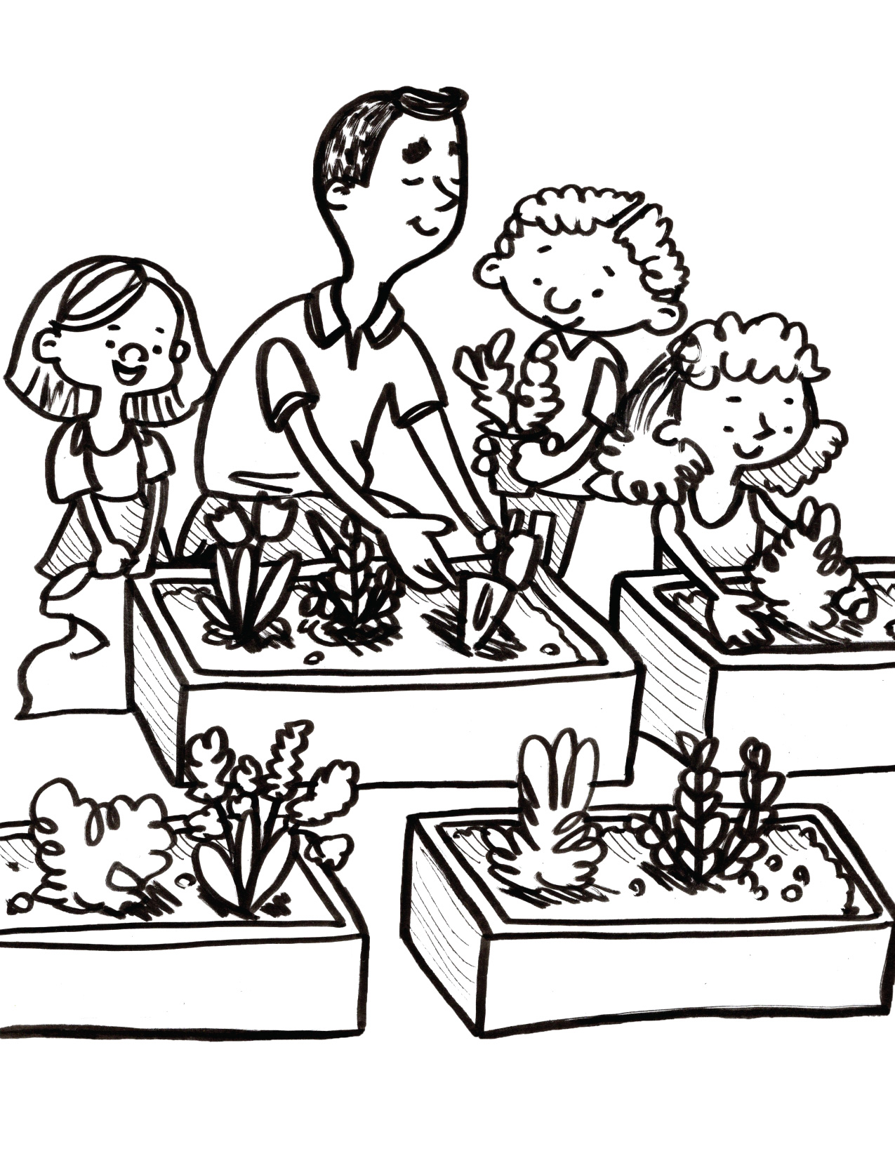 Children learning coloring page