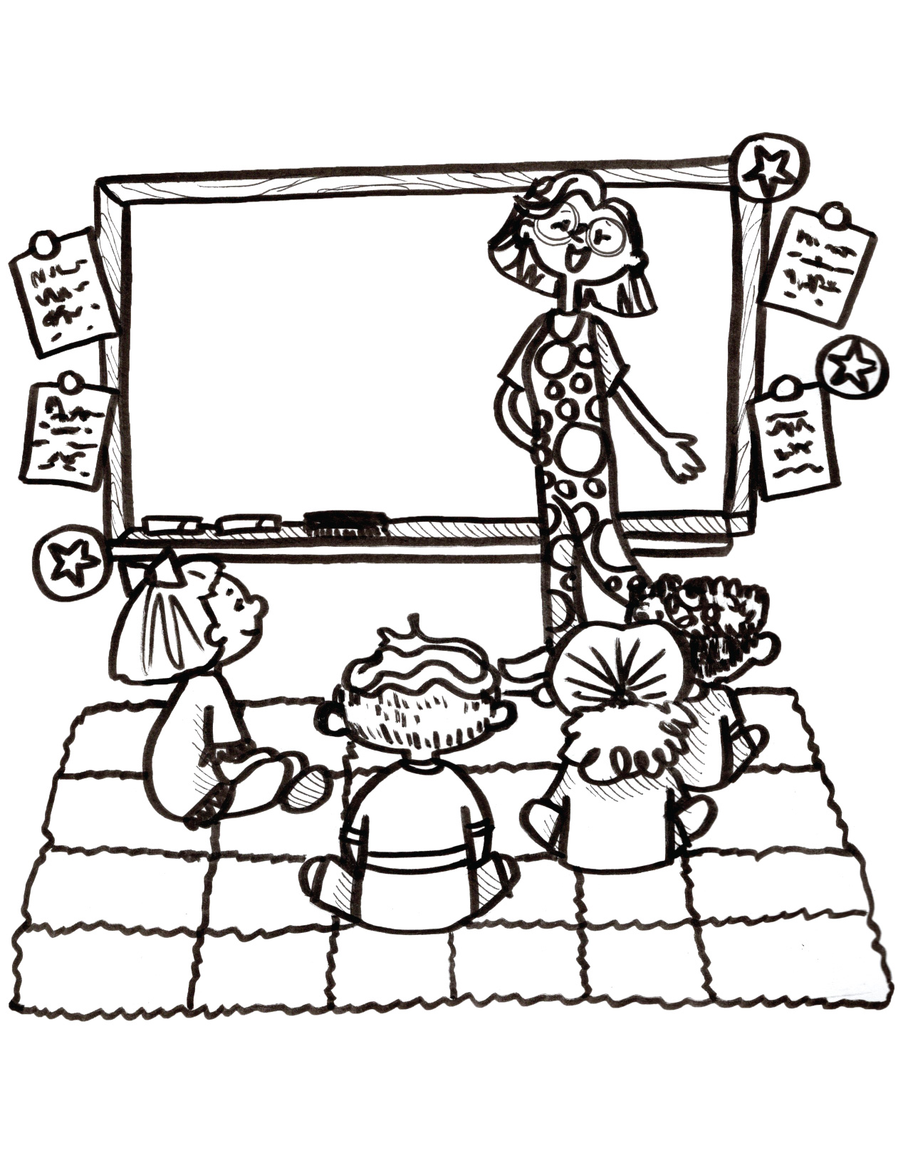 Teacher in front of a classroom coloring page