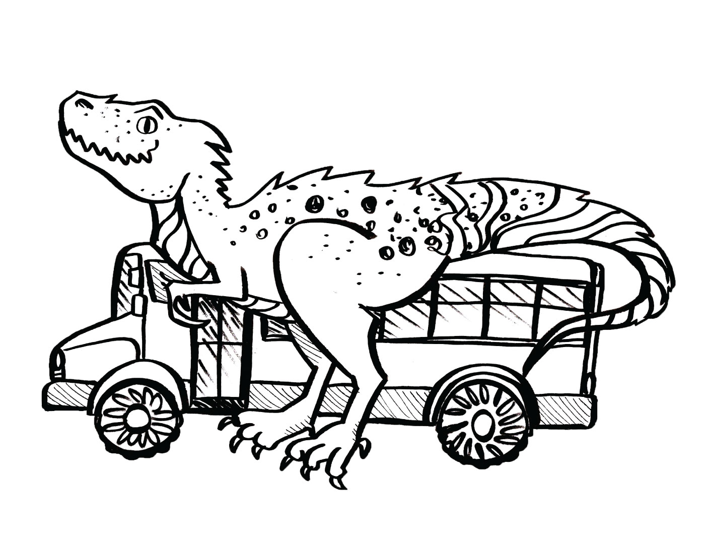 T-Rex with a School Bus Coloring Page