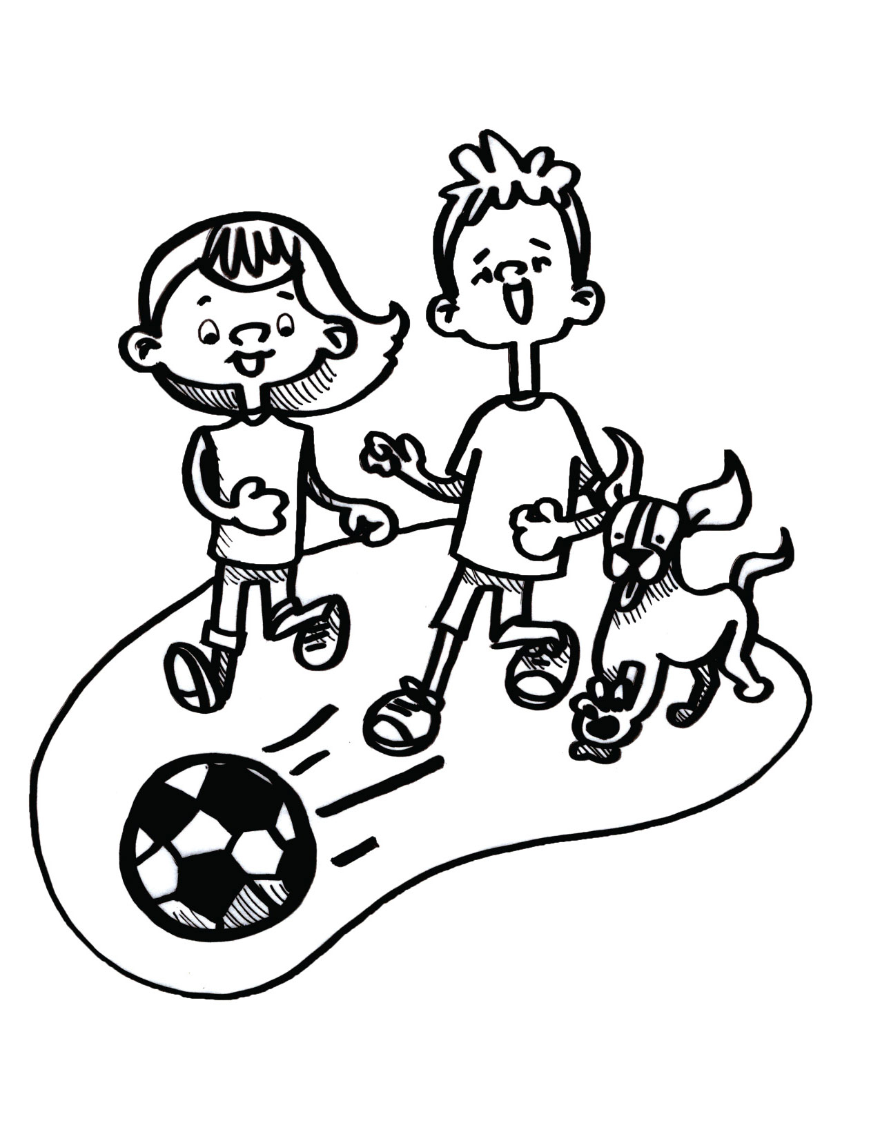 Kids playing soccer coloring page
