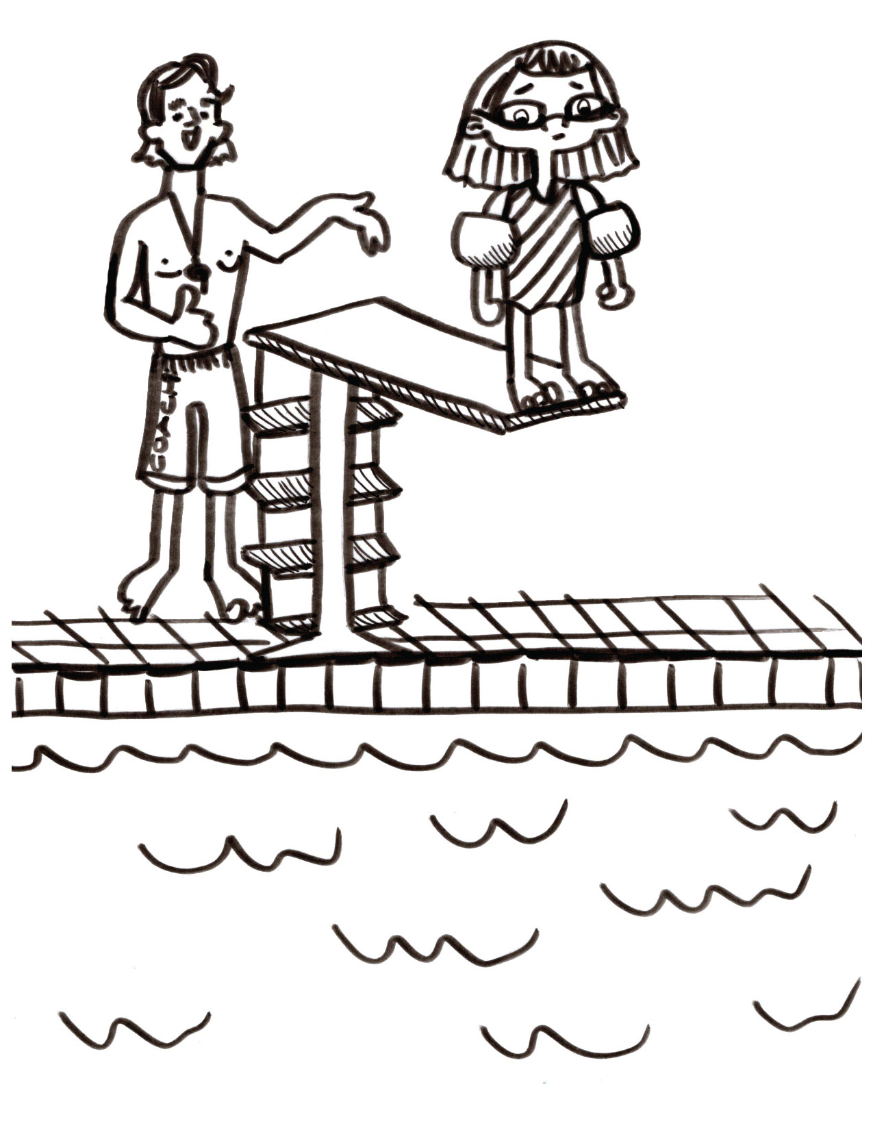 Little girl on a diving board with a coach