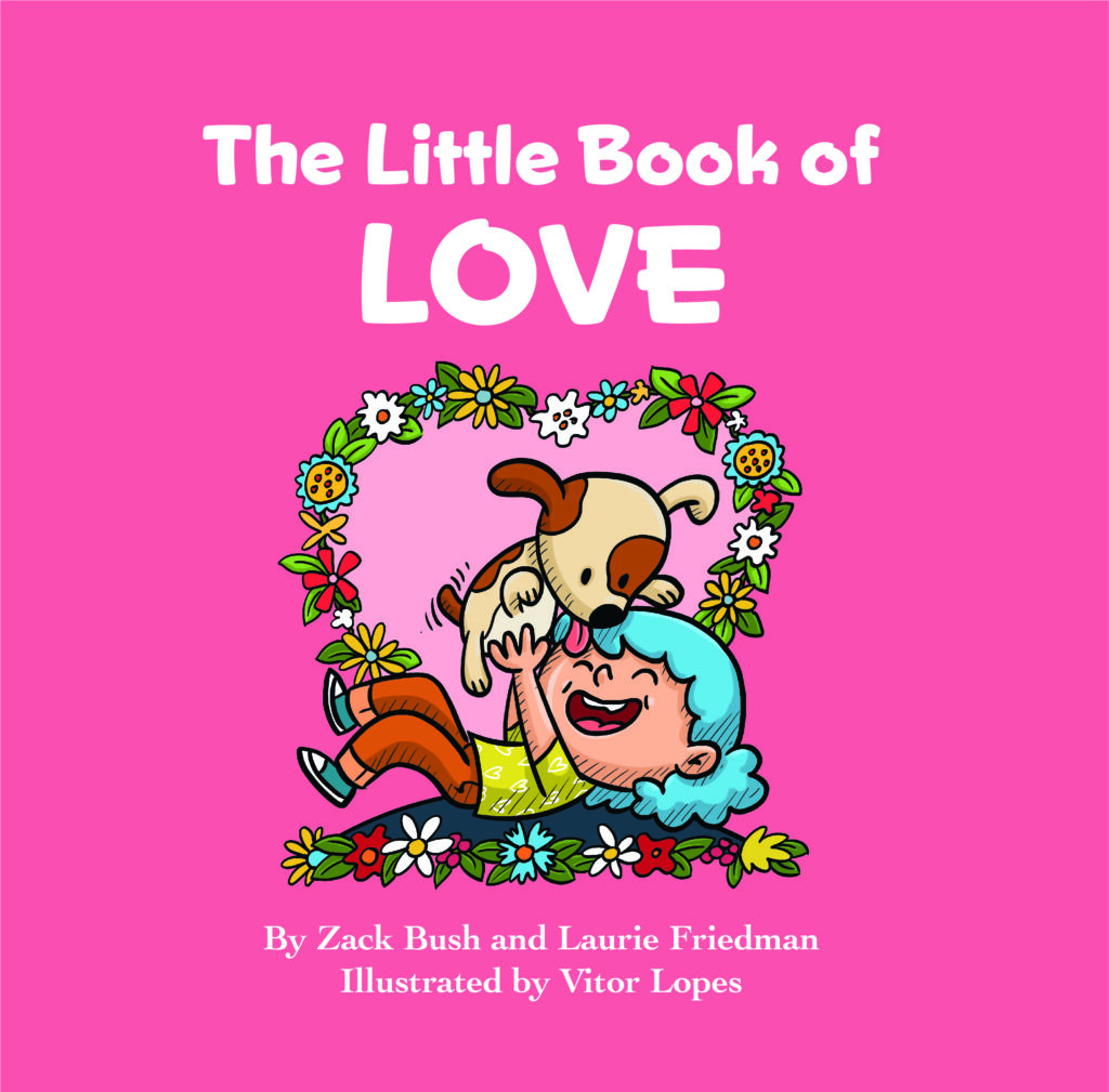 Boy playing with a dog in a heart-shaped flower border for The Little Book of Love cover art