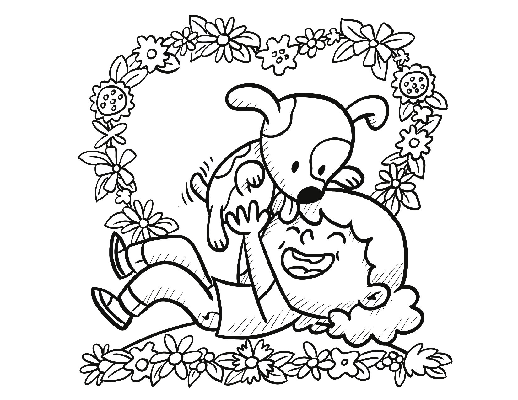Coloring page with a little boy playing with his dog in a border of flowers shaped like a heart