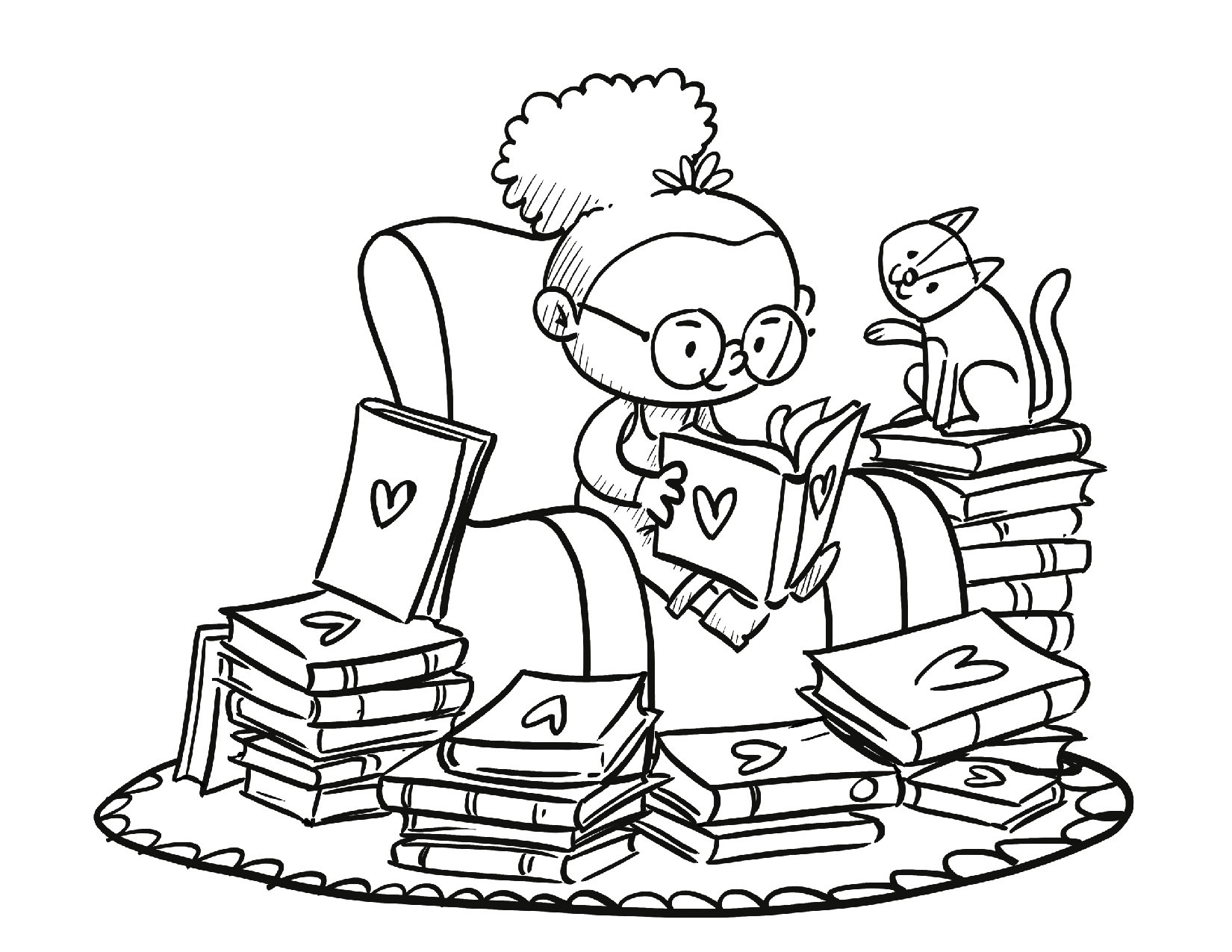 Coloring page of a little girl sitting in an easy chair with a cat on the arm, reading a pile of books with hearts on the cover of every one