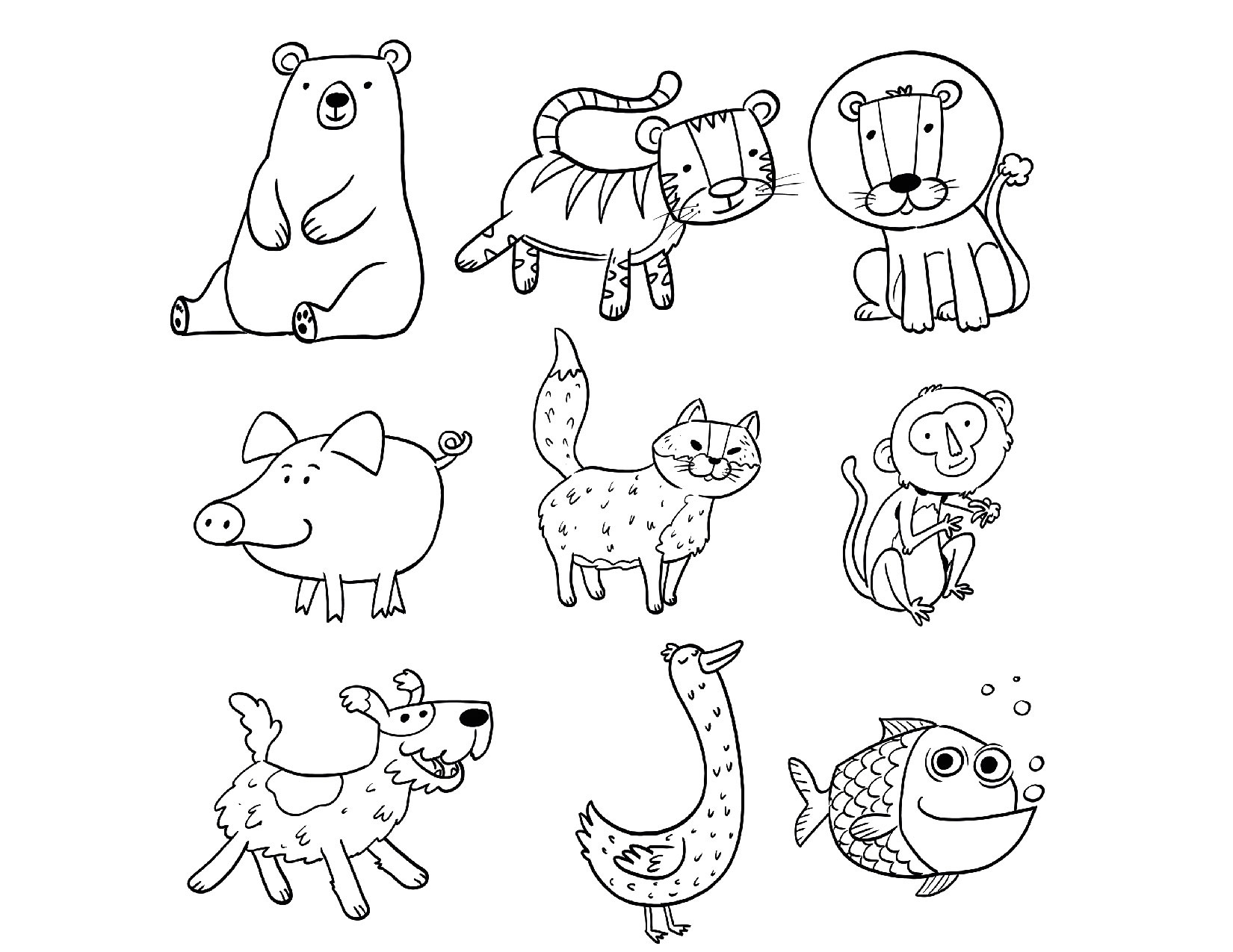 Coloring page of a polar bear, tiger, lion, pig, cat, monkey, dog, chicken, and fish