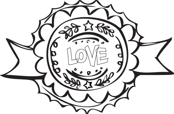 Coloring sheet with an achievement badge with ribbon background for The Little Book of Love