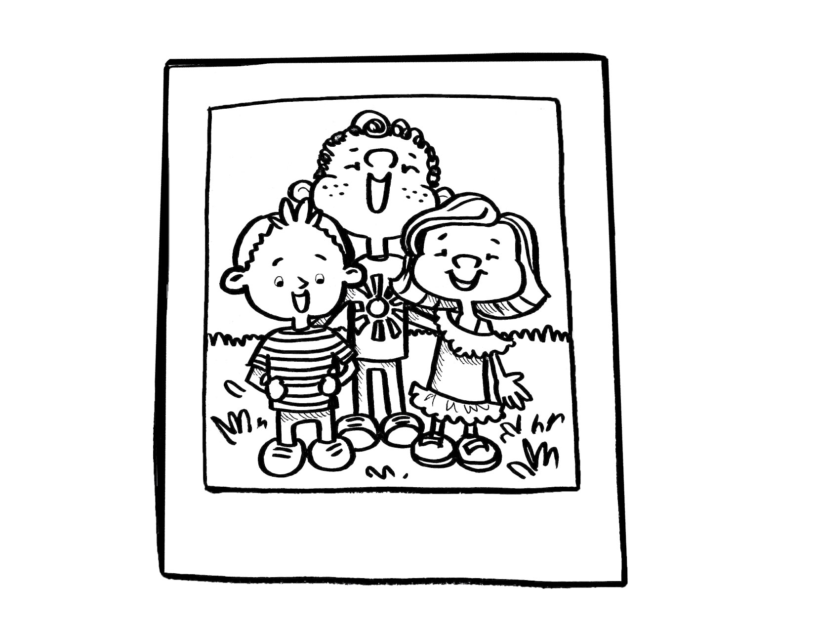 Black and white illustration of three children smiling in a polaroid picture