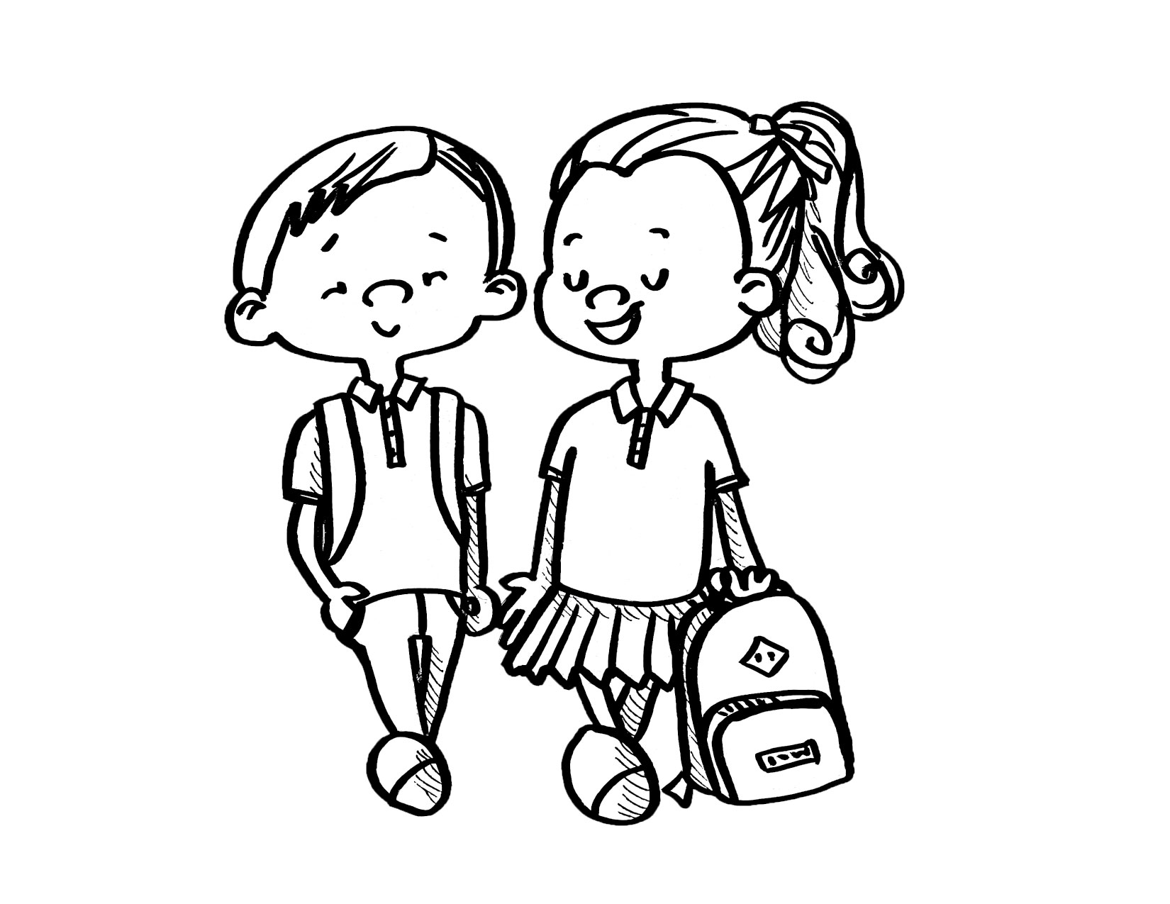 A boy and a girl holding a backpack walking together