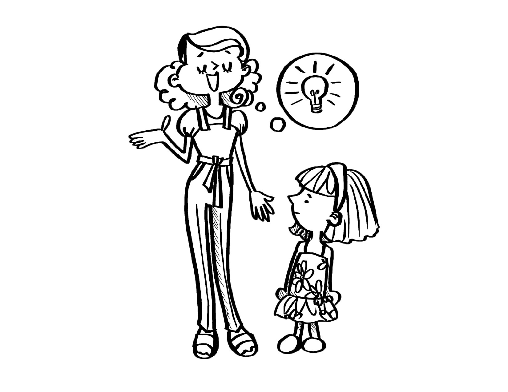 Illustration of a mother speaking to her daughter with a light bulb thought bubble between them