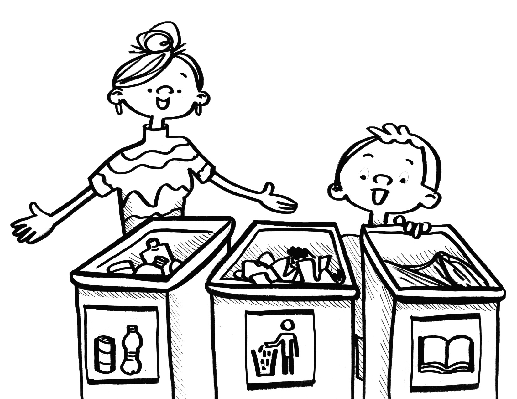 Coloring page of a mom and child behind recycling bins