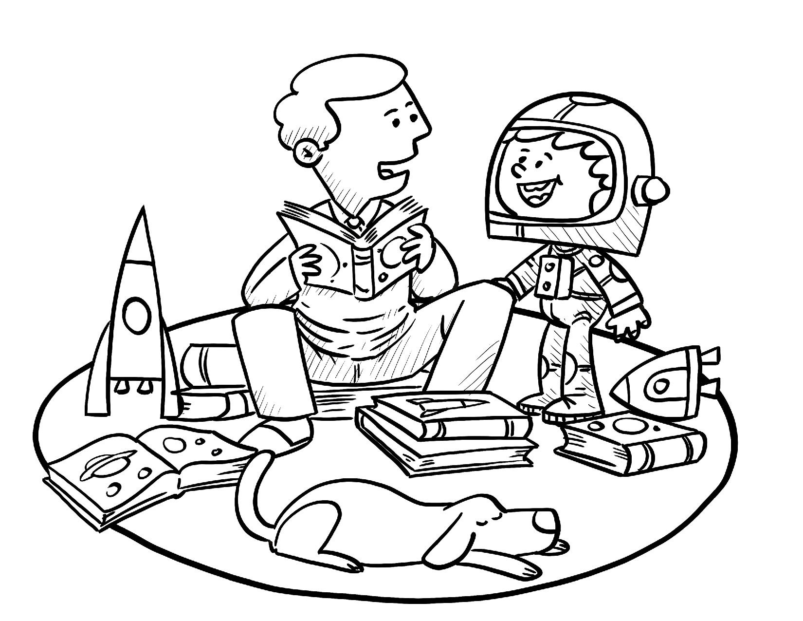 Coloring page of kid in a space suit surrounded by books and rocket models, reading with dad
