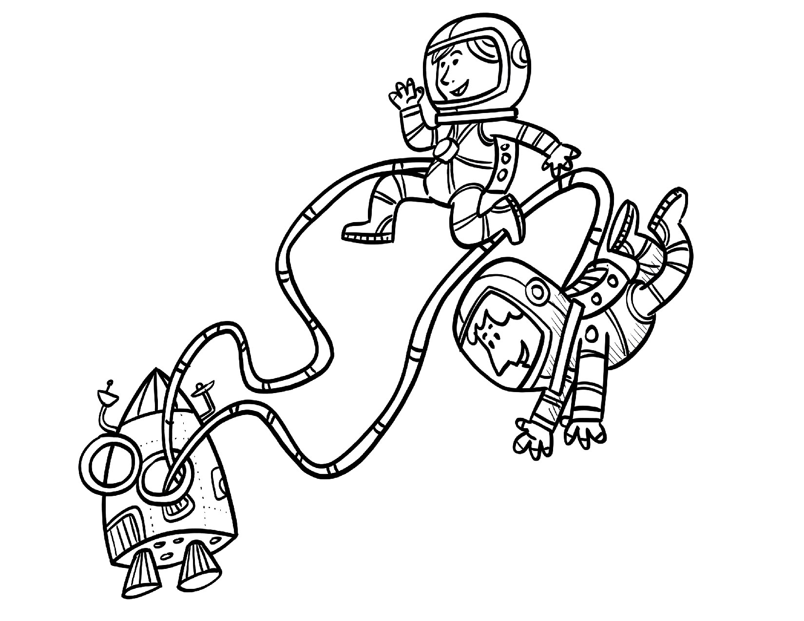 Coloring sheet of two astronauts on a space walk