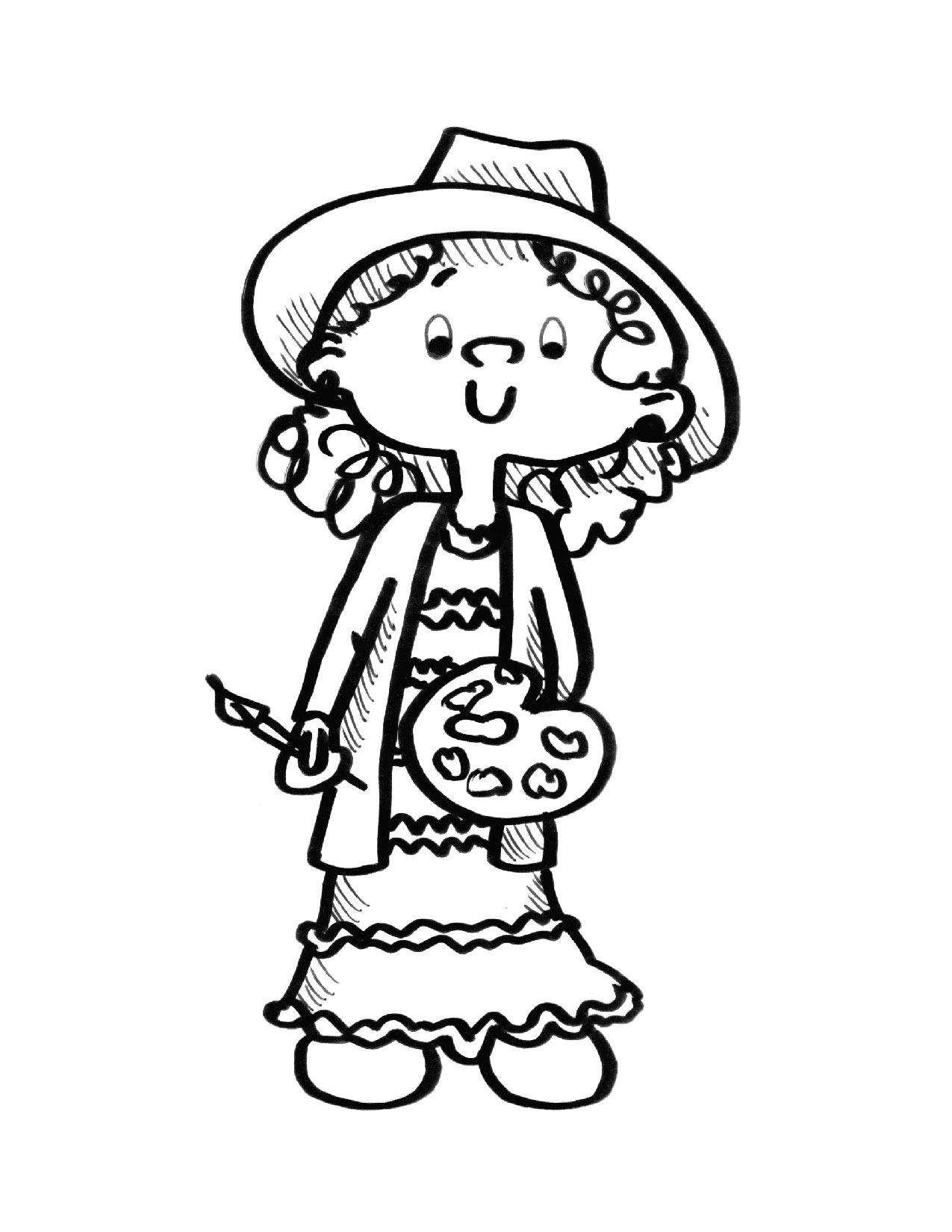 Coloring sheet of a little girl with painting supplies