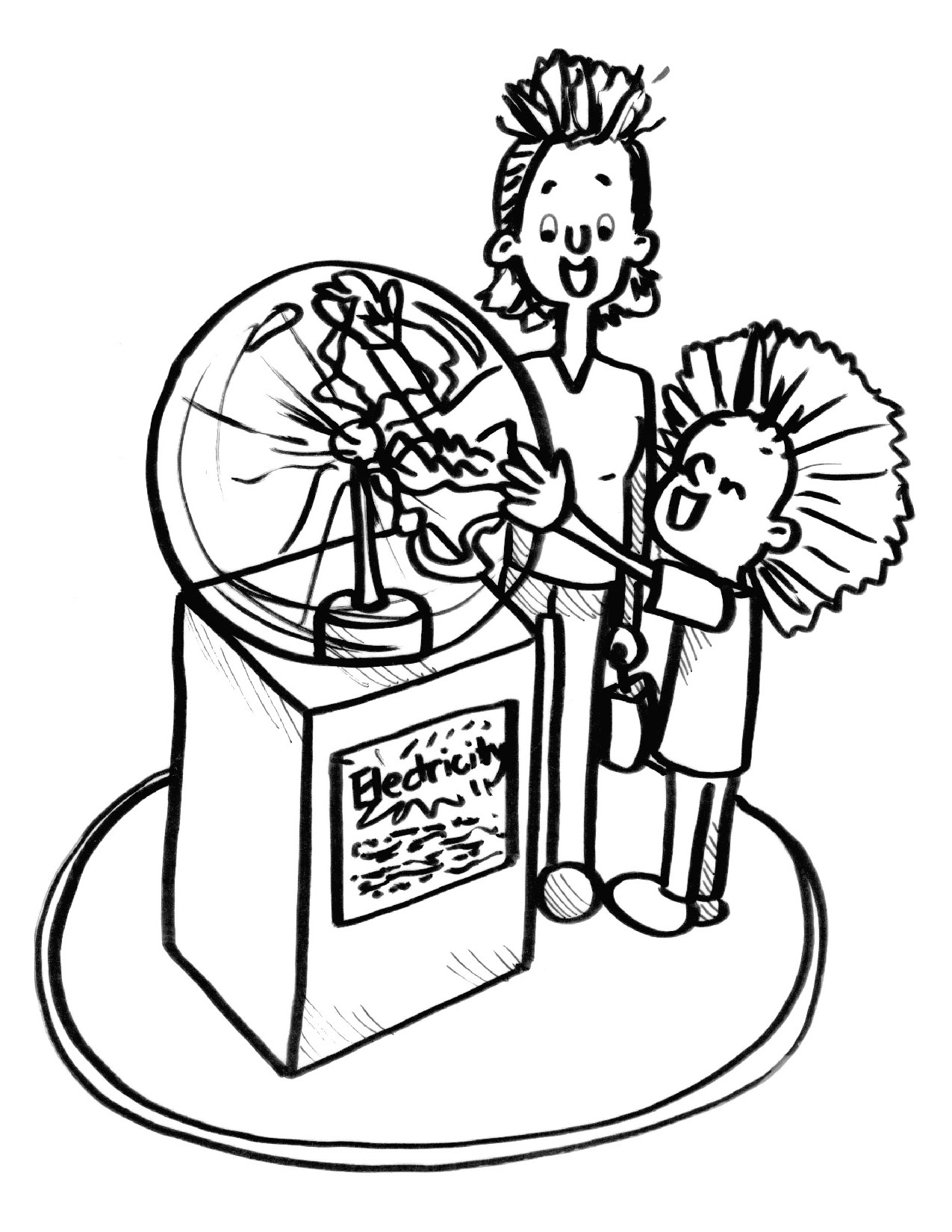 Coloring sheet of a girl and her teacher observing a fan blowing