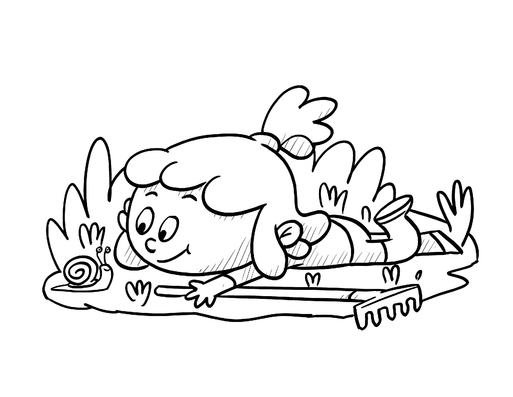 Coloring Page of a girl gardening and watching a snail