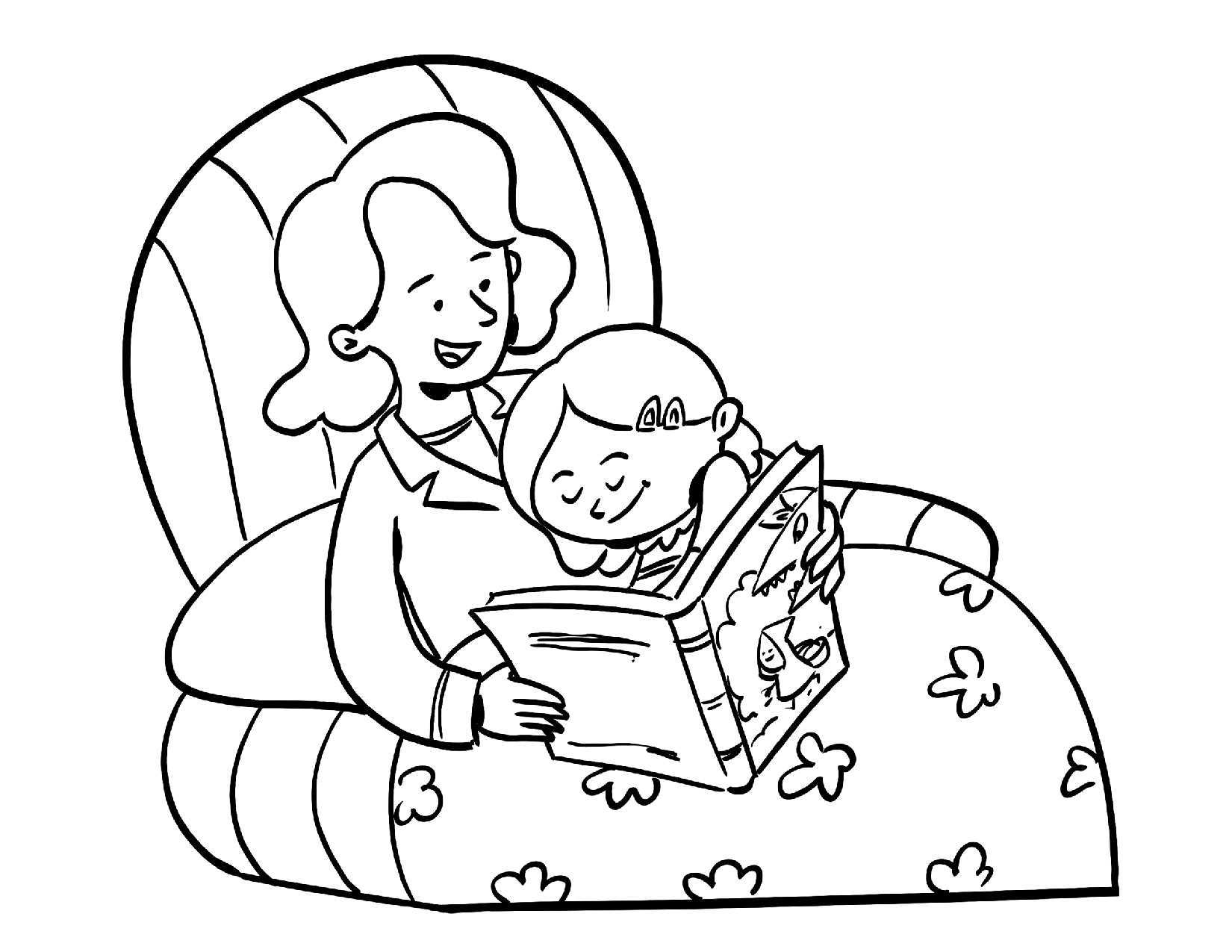 Coloring Page of a mom reading to her child