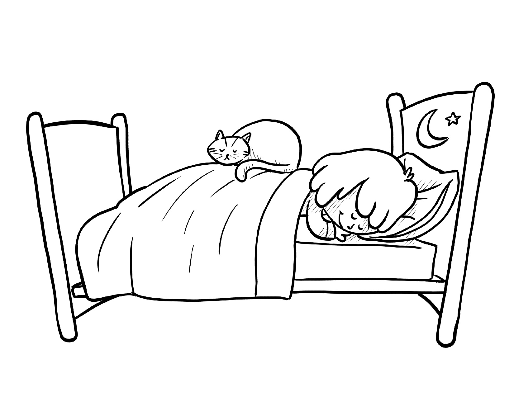 Coloring page of a young girl in bed with her cat