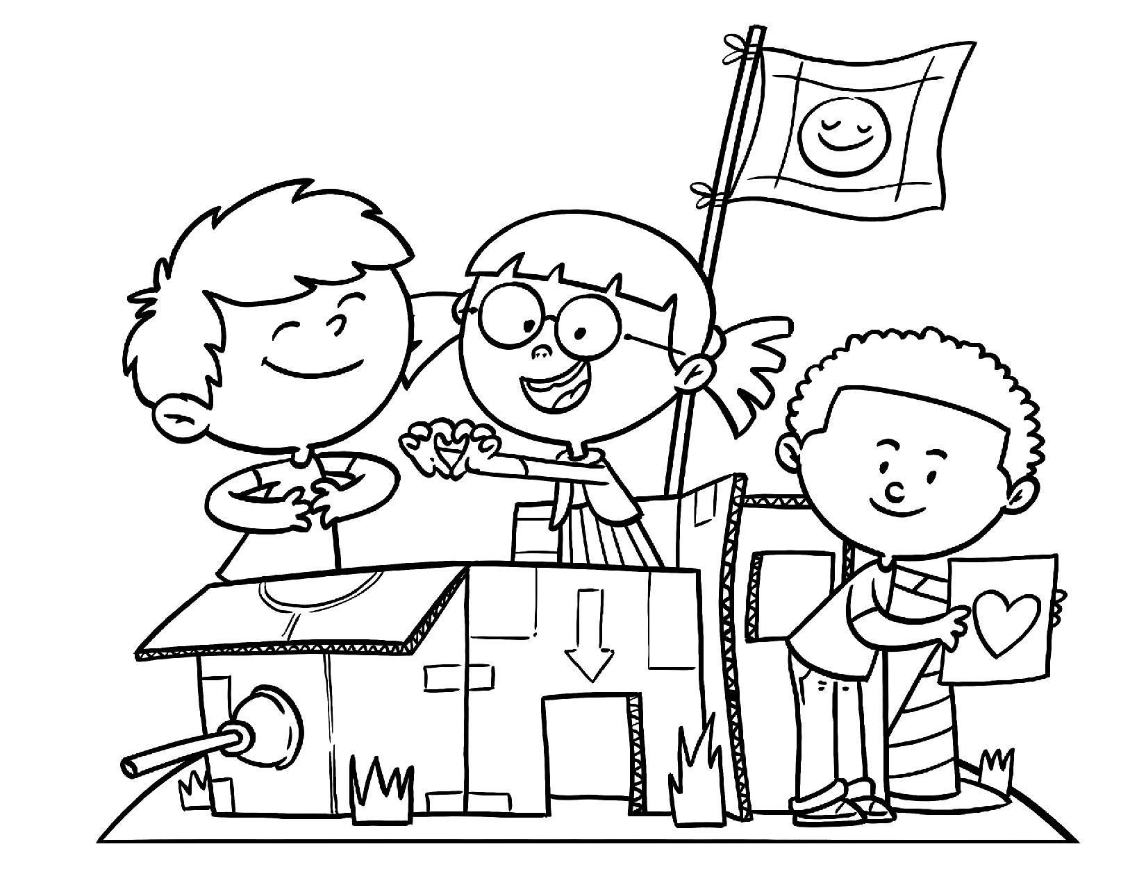 Coloring Page of kids playing in a cardboard box fort