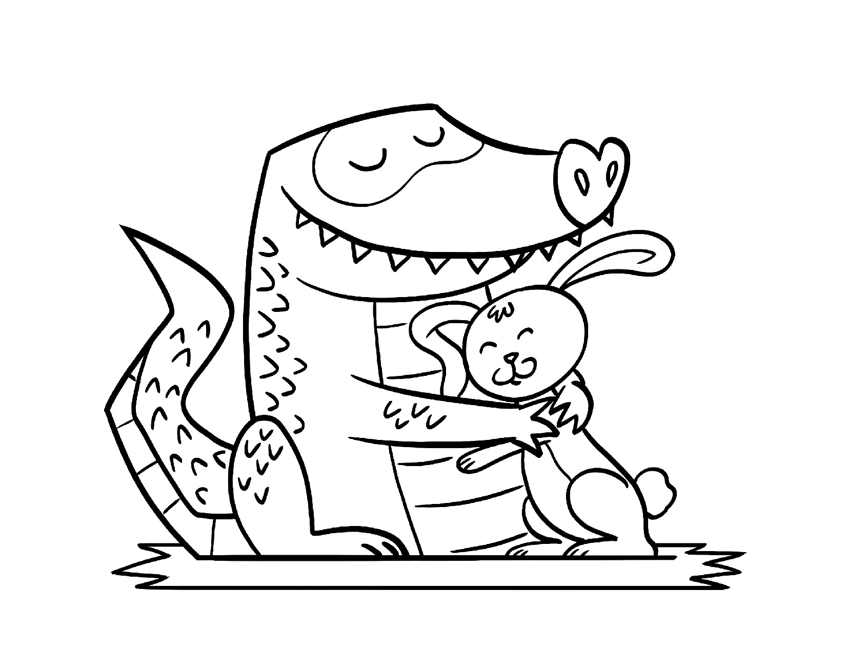 Coloring page of an alligator and rabbit hugging each other