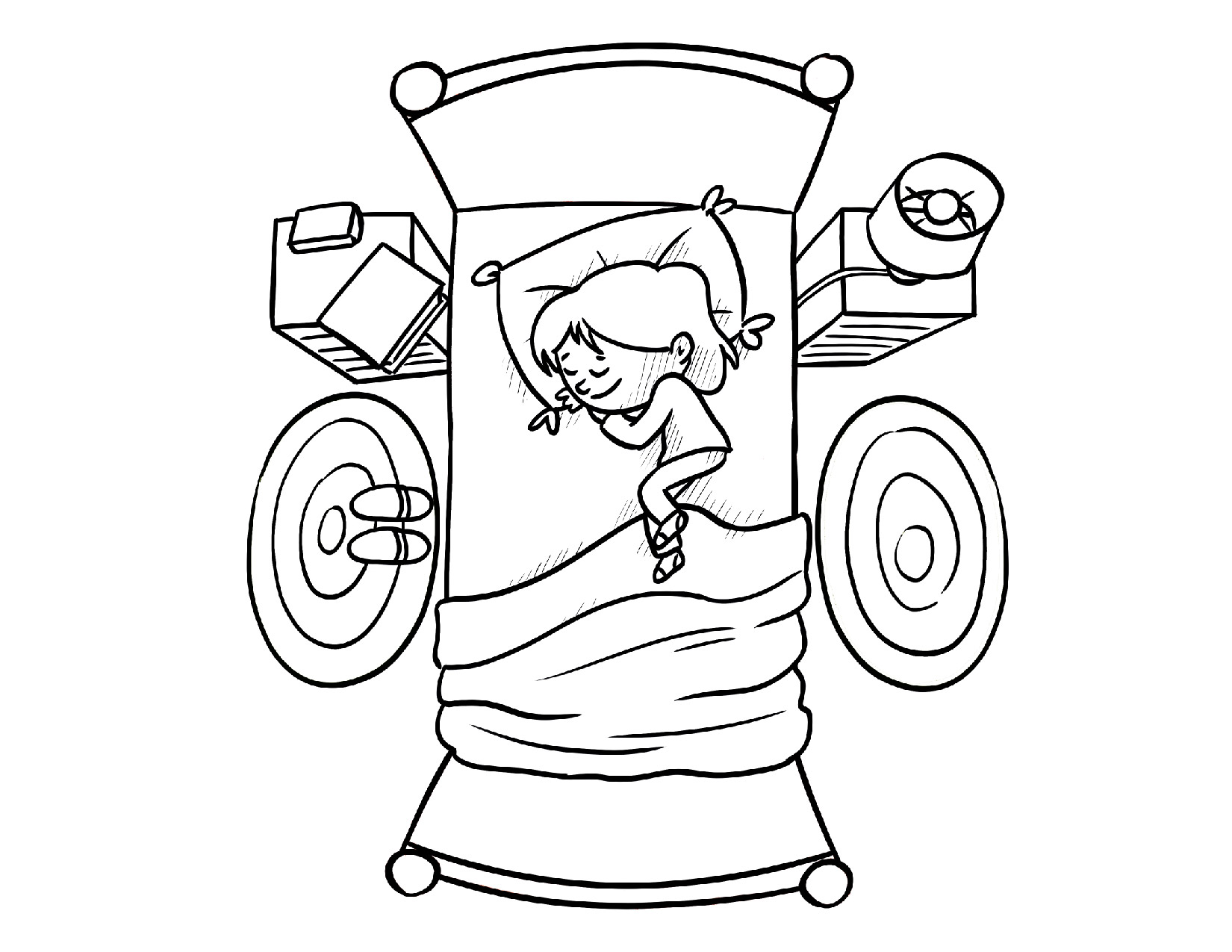 Coloring page of a little girl sleeping in bed