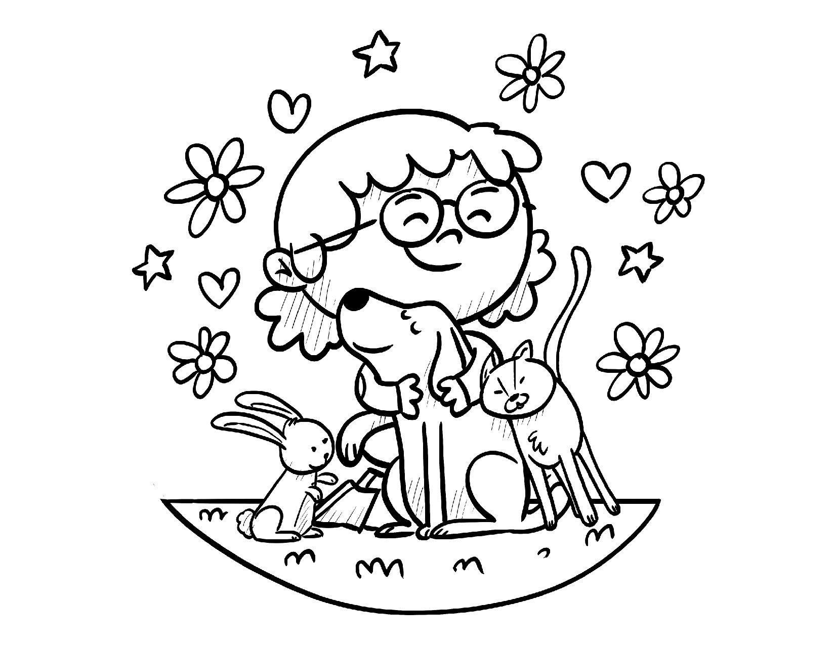 Coloring Page of a little girl hugging her dog