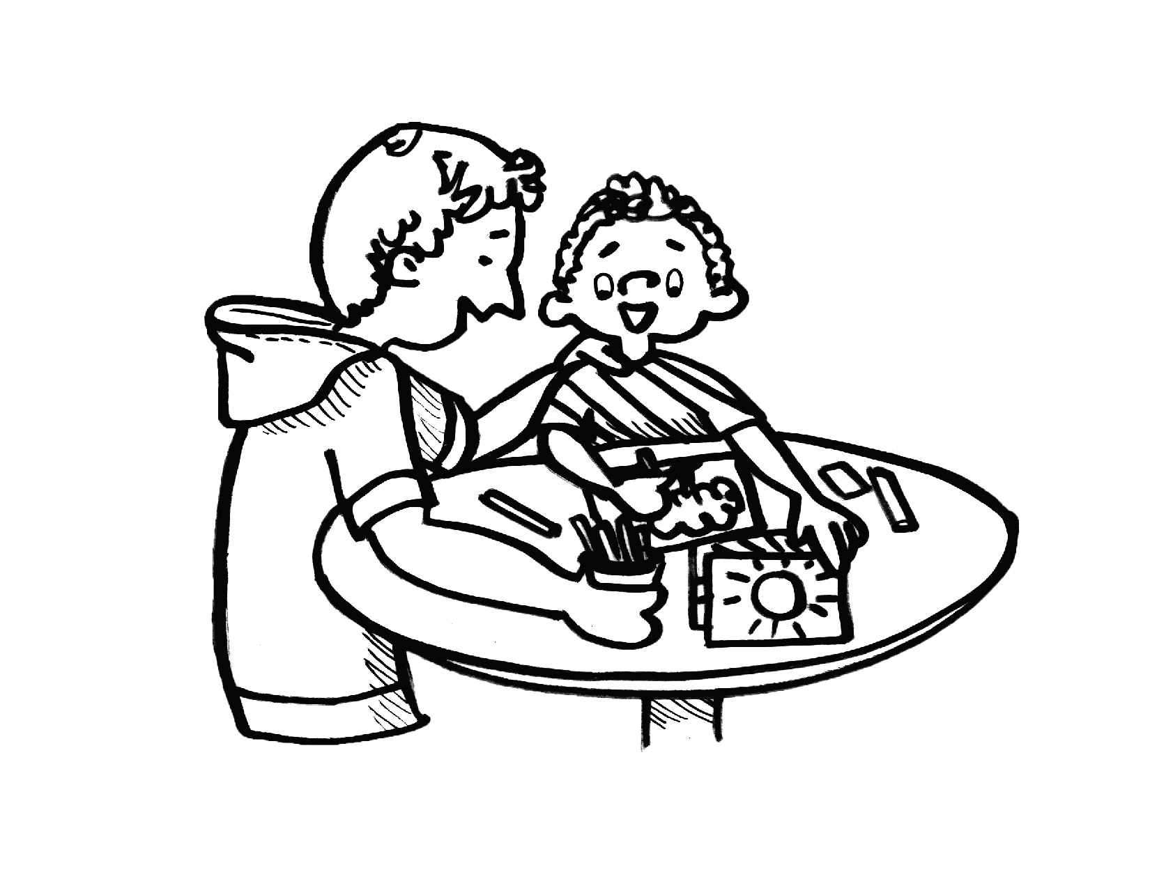 Coloring page of a dad and kid working together