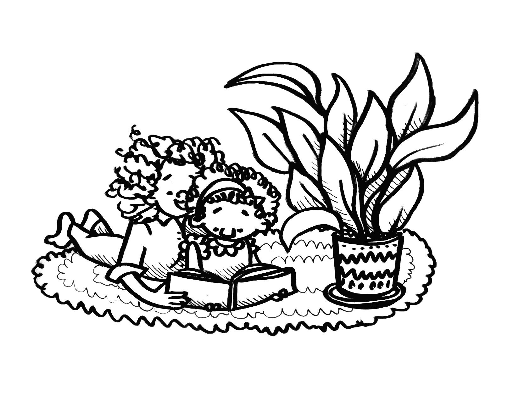 Coloring page of a girl reading to her younger sister