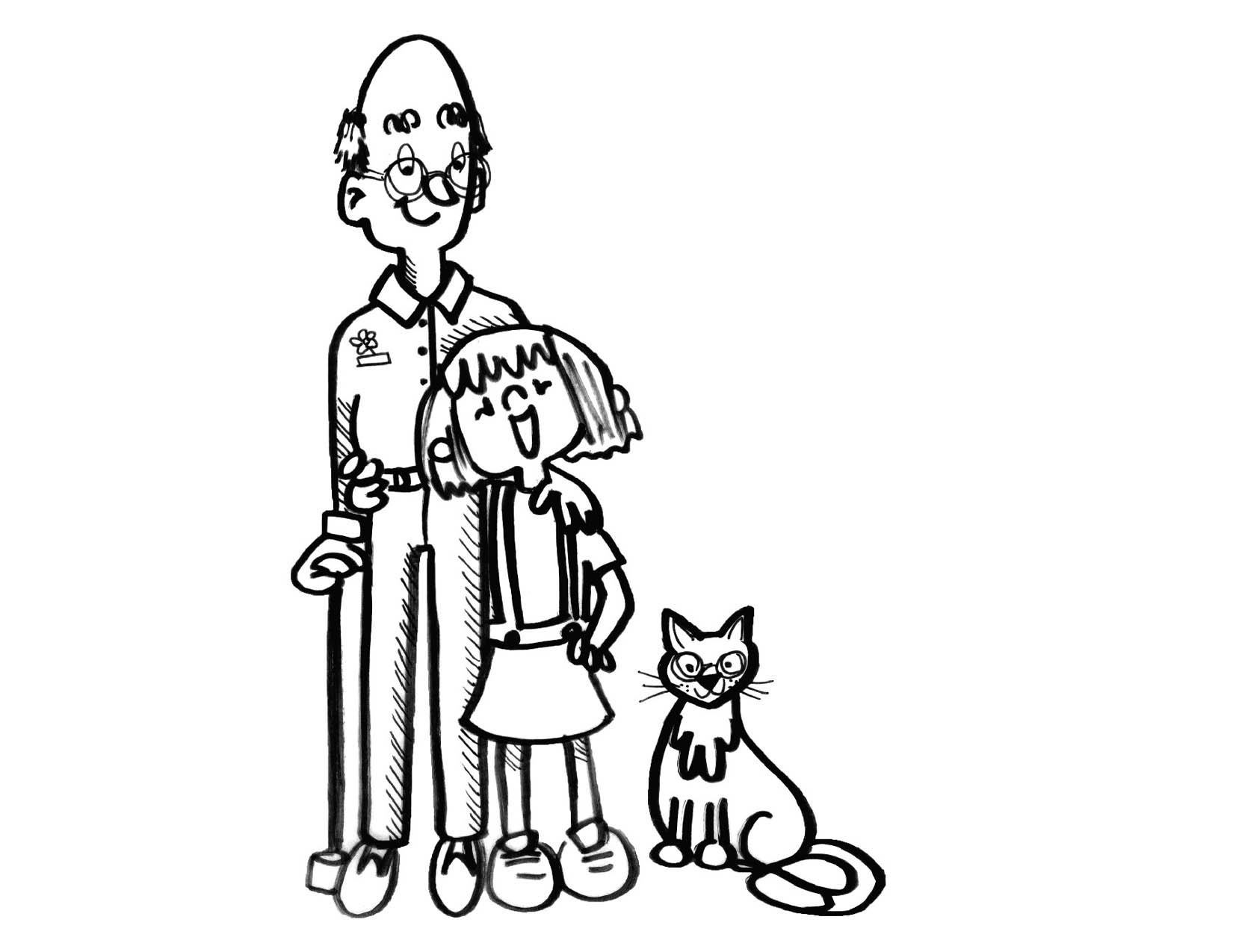 Coloring page of a girl, her cat, and her grandfather