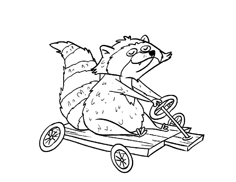 Coloring page of a raccoon riding a cart