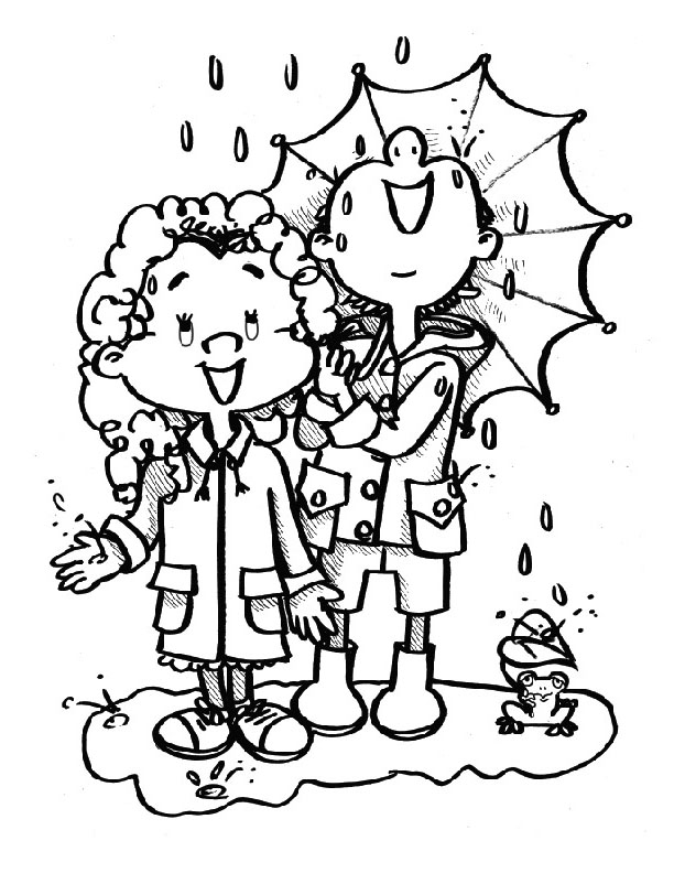 Two children standing under an umbrella coloring sheet