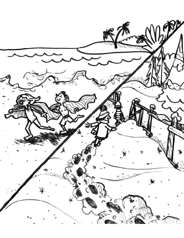 Split scene coloring sheet showing summer at the beach and winter in the mountains
