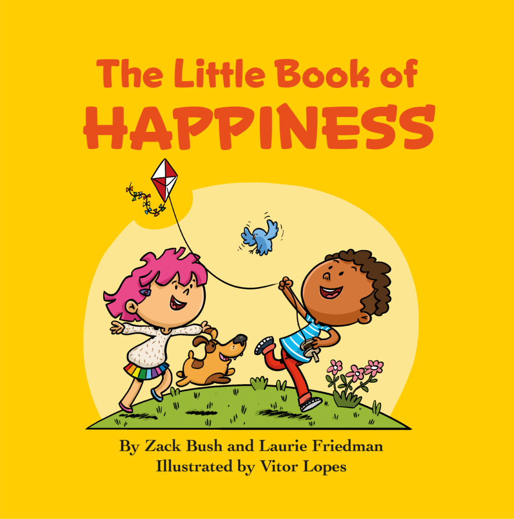 Cover for the Little Book of Happiness showing two children chasing butterflies