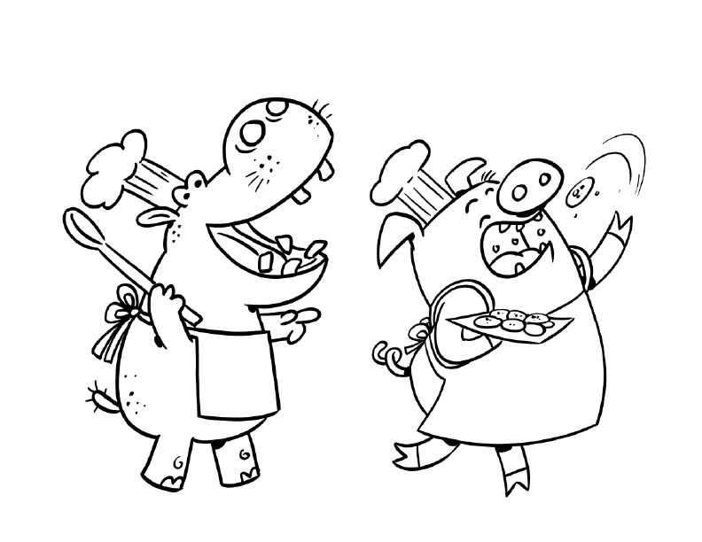 a hippopotami and pig baking in the kitchen