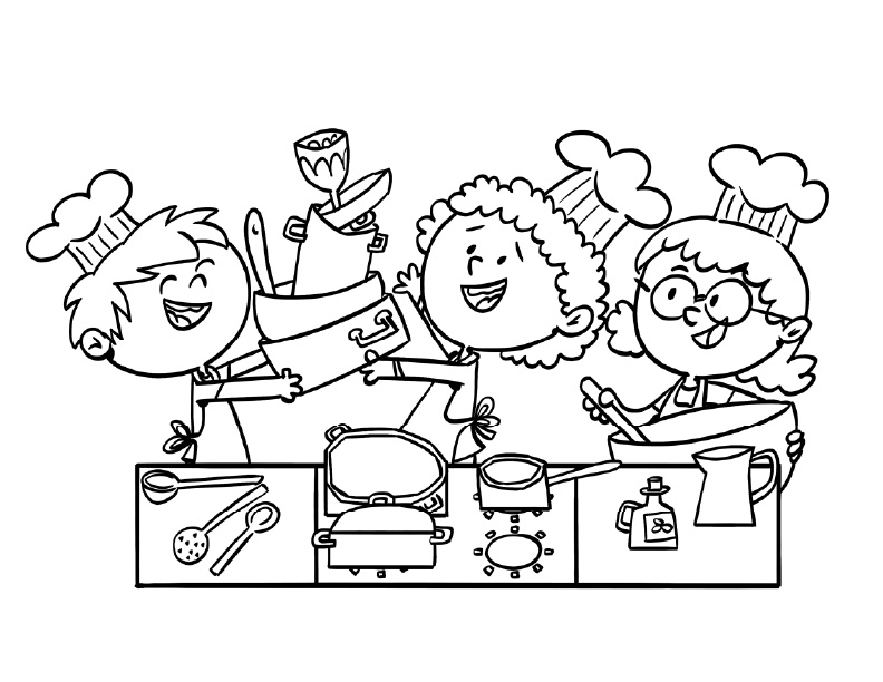 Kids cooking in the kitchen coloring page