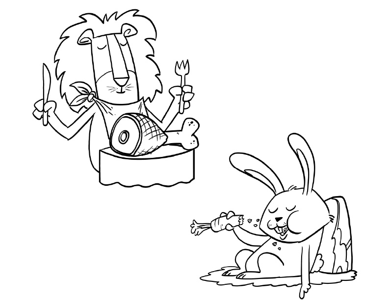 A lion and a rabbit eating their respective food