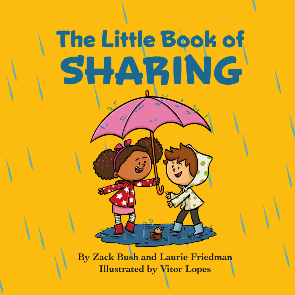 Children sharing an umbrella on the cover of The Little Book of Sharing
